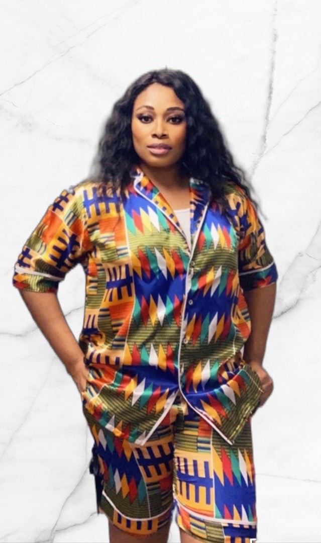 Kente Satin Silk Short Sleeve Button Down Pjs